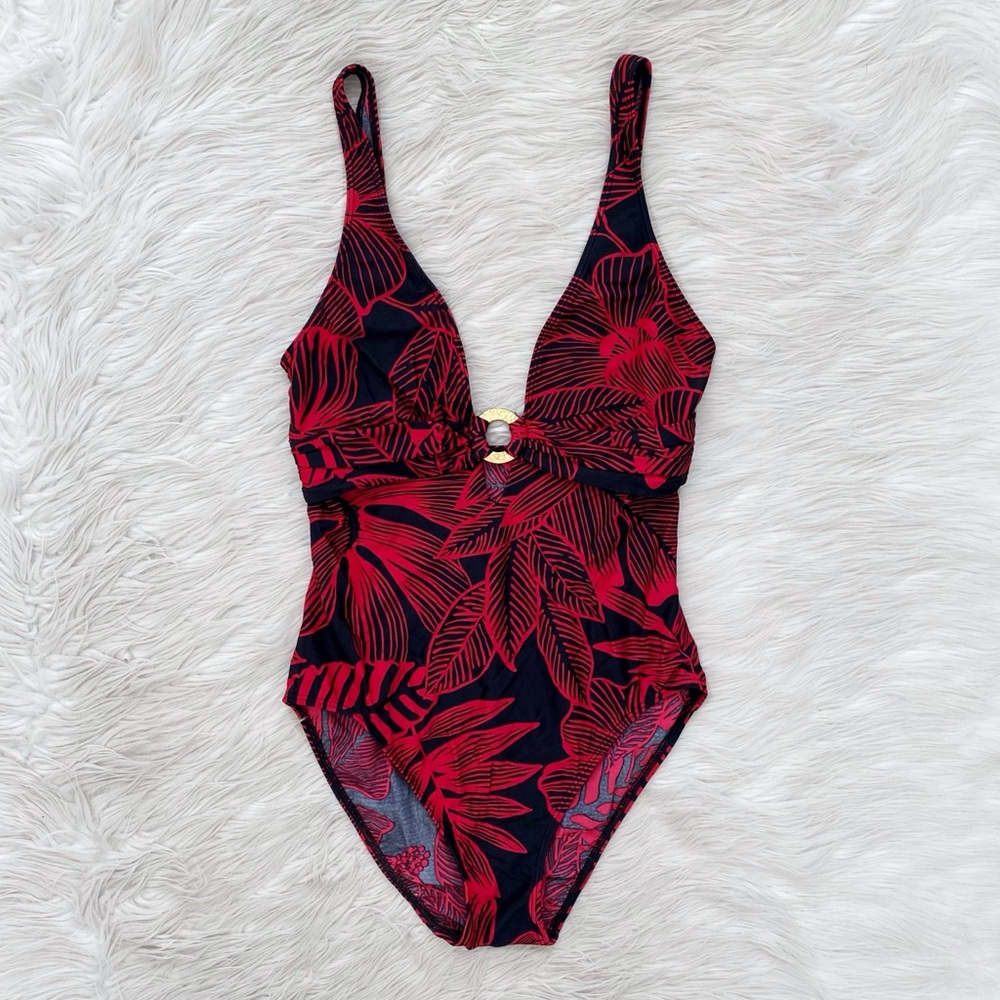 Ralph Lauren Vintage Black Red Tropical Palm Leaf Print One Piece Swimsuit 8